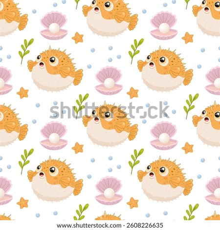pufferfish pattern cute ocean sea seamless background marine cartoon animal shell