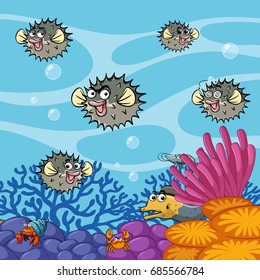 Pufferfish swimming under the ocean illustration