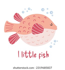 Pufferfish. Vector fish fugu. Underwater life. Holiday greeting card. Cute pink fish. Nautical poster, print, greeting card, children's clothing decor, sticker. White isolated background.