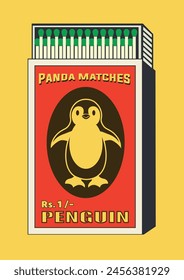 puffin, aptenodytes, adeliae. methuen, bantam, egmont. lighter belonging, lighter can, matchbox, matches vector illustration. Vintage, antique retro style packaging. Indian art old style design.