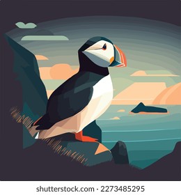 Puffin in arctic cliffs. Arctic birds in natural habitat. Flat vector illustration concept