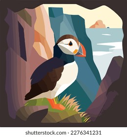 Puffin in arctic cliffs. Arctic birds in natural habitat. Flat vector illustration concept svg