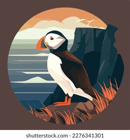 Puffin in arctic cliffs. Arctic birds in natural habitat. Flat vector illustration concept