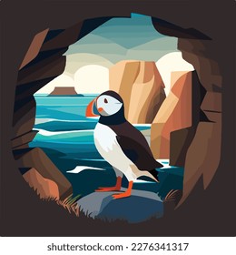 Puffin in arctic cliffs. Arctic birds in natural habitat. Flat vector illustration concept
