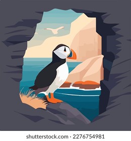 Puffin in arctic cliffs. Arctic birds in natural habitat. Flat vector illustration concept