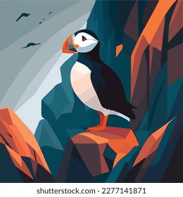 Puffin in arctic cliffs. Arctic birds in natural habitat. Flat vector illustration concept