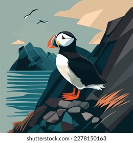 Puffin in arctic cliffs. Arctic birds in natural habitat. Flat vector illustration concept