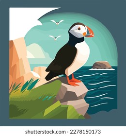 Puffin in arctic cliffs. Arctic birds in natural habitat. Flat vector illustration concept svg