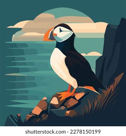 Puffin in arctic cliffs. Arctic birds in natural habitat. Flat vector illustration concept