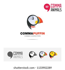 Puffin bird concept icon set and modern brand identity logo template and app symbol based on comma sign