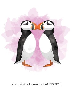 Puffin Bird Valentines Day Animal Symbol of Love Postcard Watercolor Vector Illustration