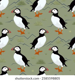Puffin birds in natural environment. Seamless vector pattern