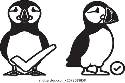 Puffin with Checkmark Vector Illustration - Black and White Approved Icon Set