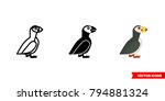 Puffin icon of 3 types: color, black and white, outline. Isolated vector sign symbol.