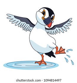 puffin, jumping in a puddle, cartoon. Vector.