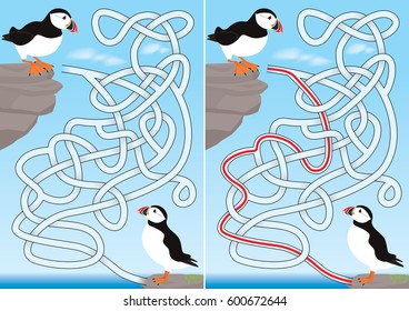 Puffin maze for kids with a solution
