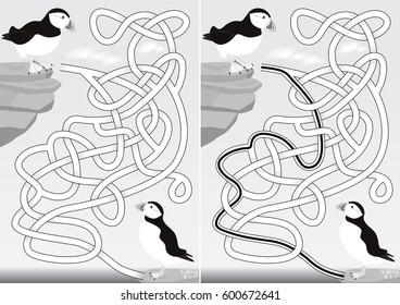 Puffin maze for kids with a solution in black and white