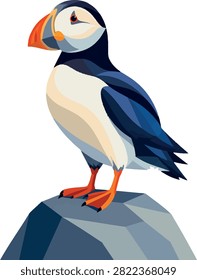 puffin perched on a rock, three-quarter view, full body, seabird, decorative vector illustration