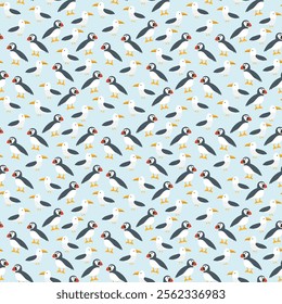 Puffin and Seagull seamless pattern. Cute Cartoon arctic animals background. Vector Illustration.