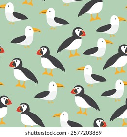 Puffin and Seagull seamless pattern. Cute Cartoon arctic animals background. Vector Illustration.