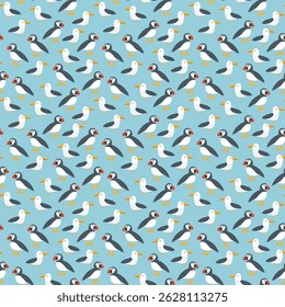 Puffin and Seagull seamless pattern. Cute Cartoon arctic animals background. Vector Illustration.