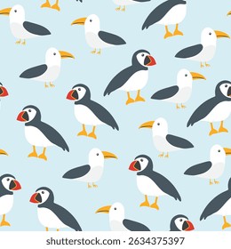 Puffin and Seagull seamless pattern. Cute Cartoon arctic animals background. Vector Illustration.