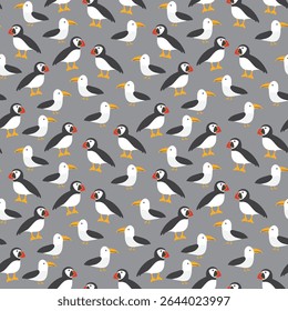 Puffin e Seagull padrão sem emenda. Fundo bonito dos animais árticos dos desenhos animados. Ilustração de vetor.