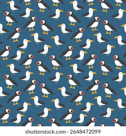 Puffin e Seagull padrão sem emenda. Fundo bonito dos animais árticos dos desenhos animados. Ilustração de vetor.
