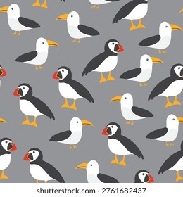 Puffin and Seagull seamless pattern. Cute Cartoon arctic animals background. Vector Illustration.
