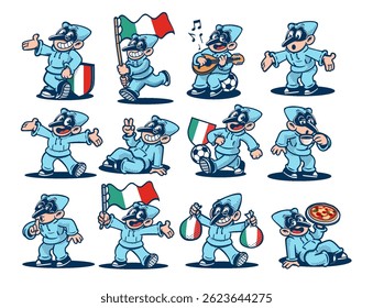 puffin set characters naples italy logo mascot cartoon retro