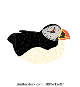Puffin sit isolated on white background. Cute seabird lives by the ocean, has black and white color, has orange beak and legs. In doodle style vector illustration.