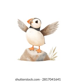 Puffin with wings spread on rock