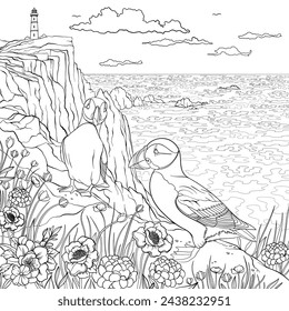 Puffins perched on rocky cliff edge amongst flowers. Vector coloring book page design.