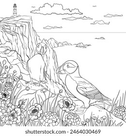 Puffins perched on rocky cliff edge amongst flowers. Vector coloring book page design.