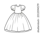 Puffy ball gown for a princess outline for coloring on a white background
