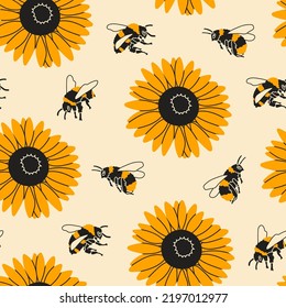 Puffy bumblebees or Bees flying near yellow sunflowers. Bee collects pollen. Spring, summer, nature concept. Hand drawn modern Vector illustration. Square seamless Pattern. Background, wallpaper