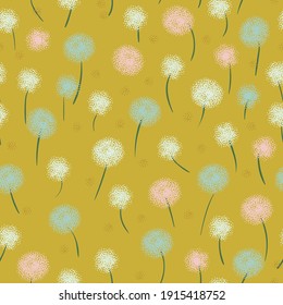 Botas de soplo de dandelion esponjosas, sin fisuras, patrón vectorial. Diseño de impresión de superficie botánica para telas, papel de papelería, papel de talla, envoltura de regalo, textiles y embalaje.