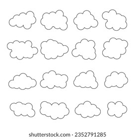 Puffy flat doodle clouds. Abstract cartoon white clouds isolated on the white background set, whether concept. Vector cartoon flat minimalistic illustration.