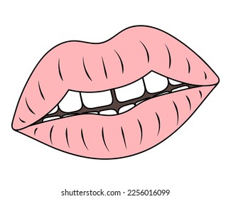 Puffe Lippen. Verführerischer Mund leicht offen. Eine gerade Zähnenreihe mit einer Lücke in der Mitte. Farbvektorgrafik. Cartoon-Stil. Einziger Hintergrund. 