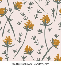 Puffy looking flower in mustard yellow with dark gray leaves on a cream background with a retro vibe. A seamless vector pattern. Great for home decor, fabric, wallpaper, gift wrap, stationery, packing