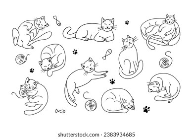 Puffy lying outline doodle cats collection. Sketch hand drawn lazy pets with ball of wool and dreaming about fish. Good for coloring pages, stickers, tattoo, pattern