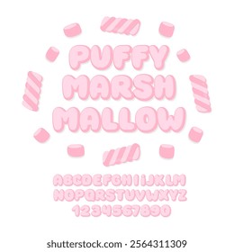 Puffy Marshmallow Font. Cute Inflated Alphabet. Pink Letters and Numbers.