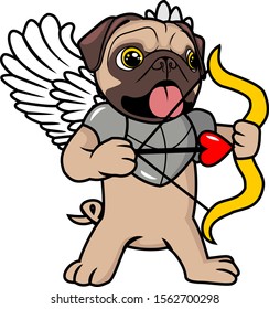 A pug as armor with small wings, bow and heart arrows vector cartoon
