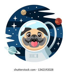 pug astronaut in space among planets