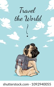 Pug with backpack and sunglasses illustration 