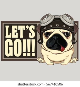 Pug Biker In Glasses Cartoon