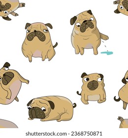 pug, bulldog, fondo de patrón de perro para textiles, tela, papel tapiz 	
