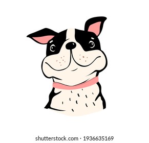 Pug or bulldog illustration, cute animal design of funny smiling happy dog. Vector dog for kids illustration.