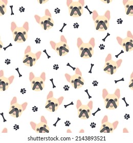 Pug or bulldog. Seamless pattern with cute cartoon dogs bulldog or pug muzzles