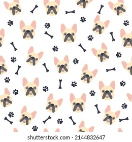 Pug or bulldog. Seamless pattern with cute cartoon dogs bulldog or pug muzzles